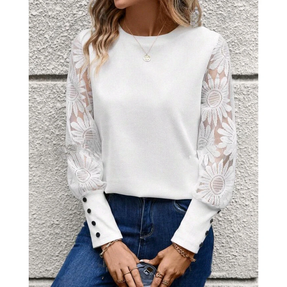 Women Sheer Mesh Contrast Floral Pattern Buttoned Decor Long Sleeve Top Fashion Casual Round Neck Elegant Blouse Summer Wear