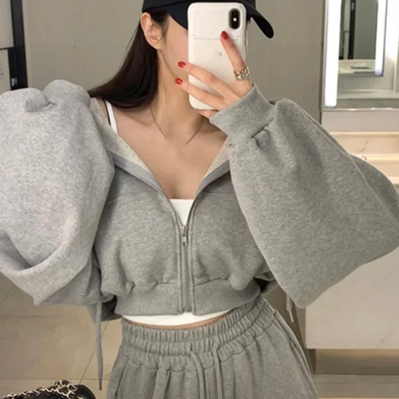 Chic Fall Niche Temperament Hooded Long-sleeved Short Sweater High-waisted Tie Peplum Wide-legged Casual Pants