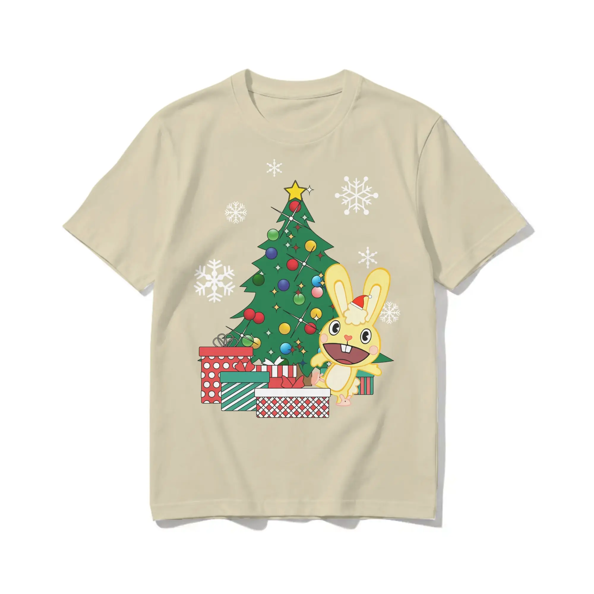 Men T-Shirt Cuddles Around The Christmas Tree Happy Tree Friends Pure Cotton Tee Shirt Short Sleeve  T Shirt Round Neck Clothing
