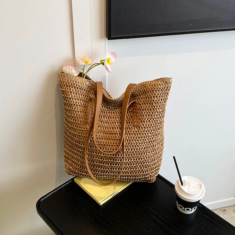 Damen Handtaschen mit Tragegriff, Stroh-Sommer-Strandtasche, Geflochtene Bucket Bag, Casual Reise-Handtaschen für Frauen