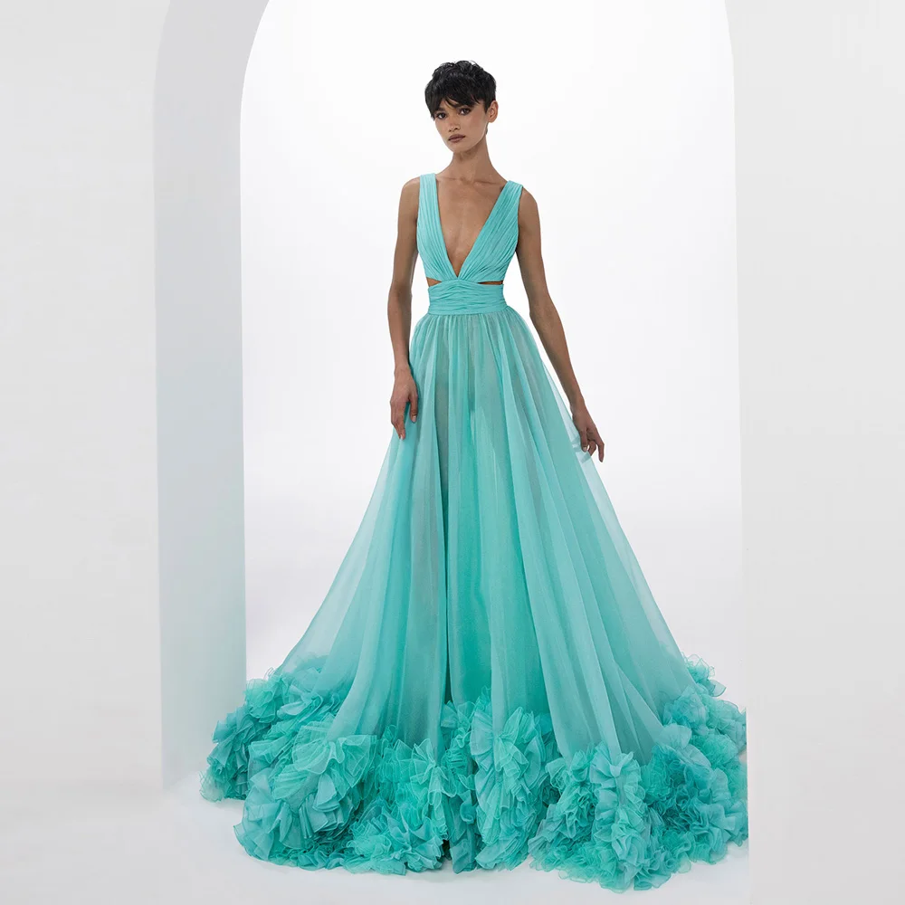 Newest Turquoise See Thru Long Tulle Maxi Gowns Ruffles Trimmed Bottom V-neck A-line Tulle Robe Women Maxi Dress To Party