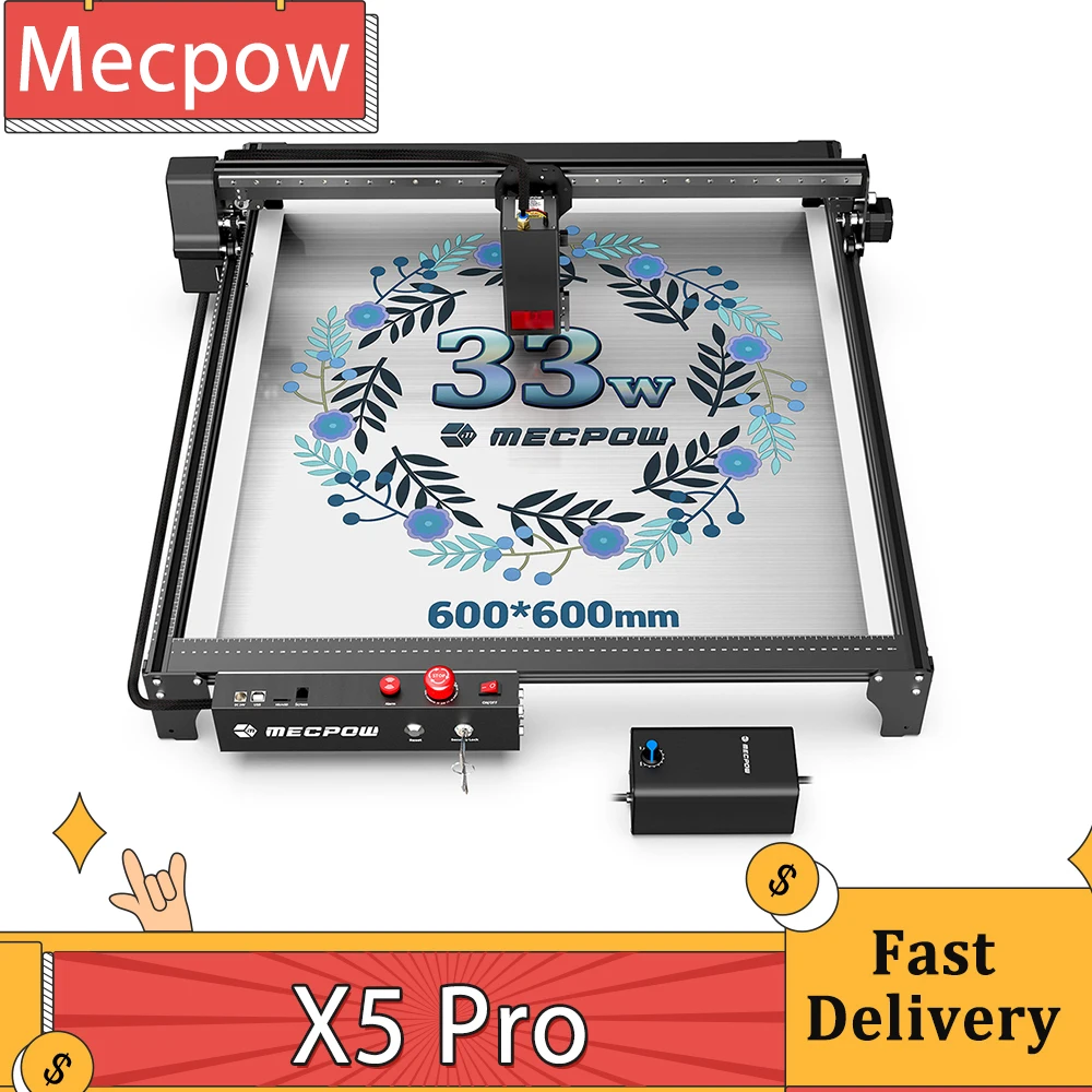 Mecpow X5 Pro Laser Engraver Cutter 33W Laser Power Auto Air Assist 0.08x0.1mm Laser Spot 28000mm/min Engraving Speed 600x600mm