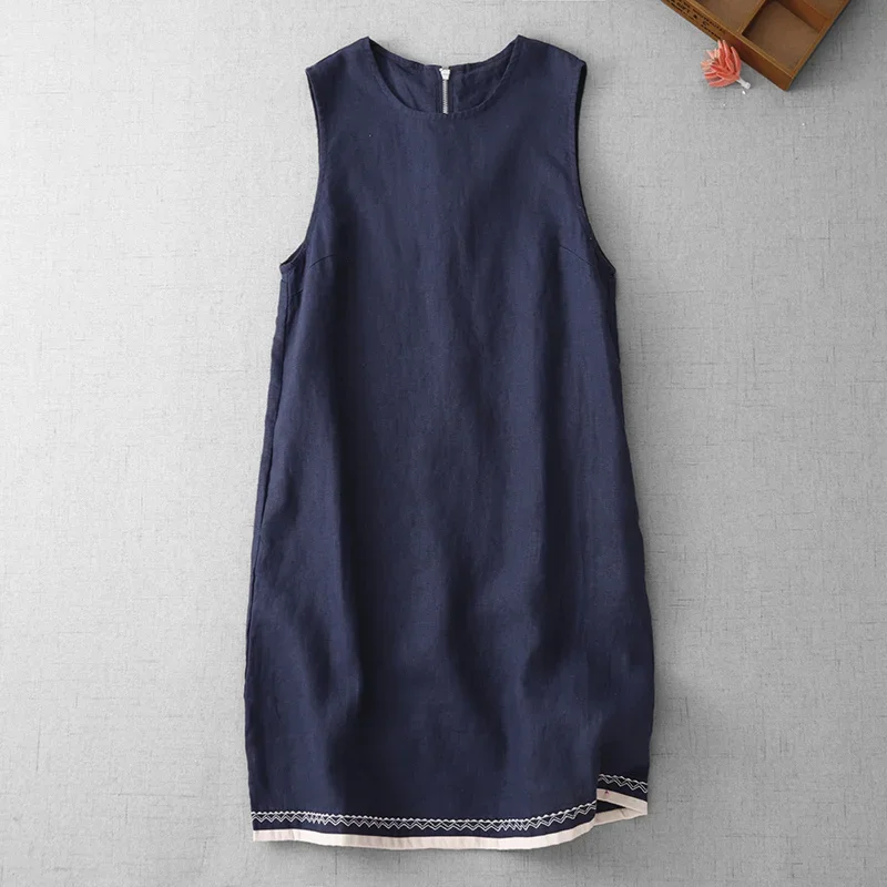 Zomer Nieuwe Vintage Jurk Vrouwen O Hals Mouwloos Losse Rechte Vrouwelijke Jurken Casual Bloemen Borduren Dameskleding