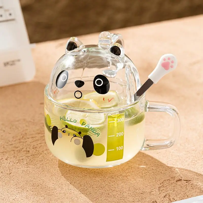 Vaso de Vidrio con Diseño de Dibujos Animados, con Pajita, para Leche, Agua, Desayuno, con Escala, Estampado Bonito, Origen Taiwán, Vidrio Ordinario de Una Sola Capa