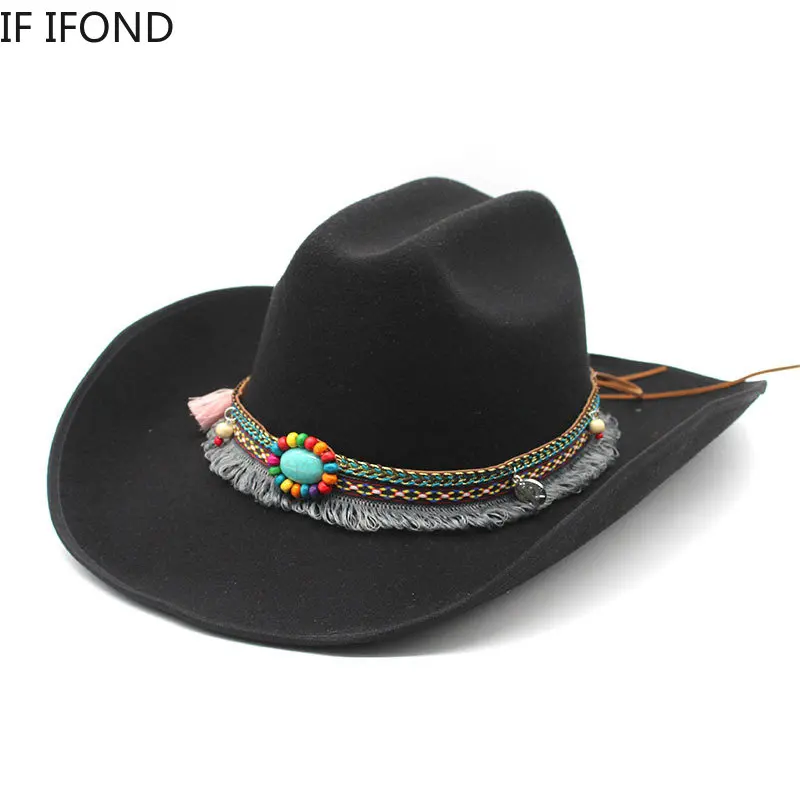 Newest Design Vintage Western Cowboy Hat For Men's 9.5CM Wide Brim Fedora Hat Gentleman Jazz Cowgirl Cloche Church Caps