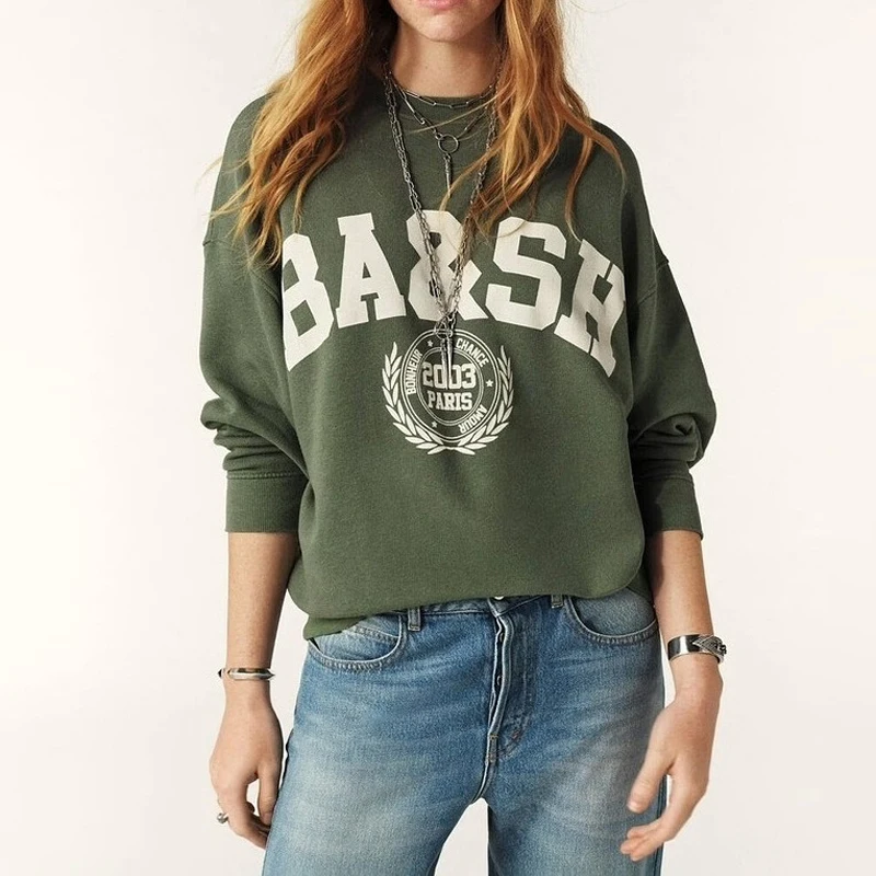 

Retro Casual Loose Slimming Letter Totem Print round Ne Sweatirt Sportswear BSWind Stand Fit Ladies Long Sve