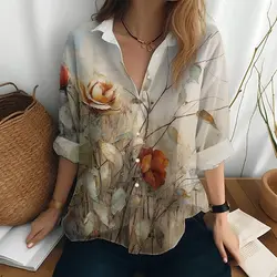 Elegante camisa de manga comprida feminina, blusas casuais retrô, tops glamorosos, roupas femininas, alta qualidade