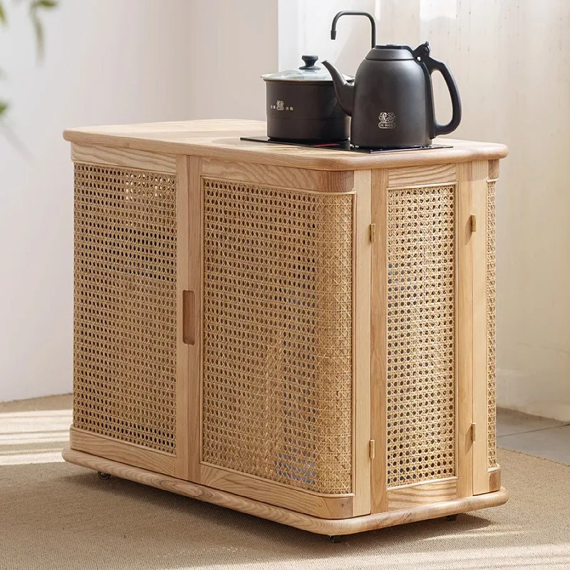 โต๊ะน้ำชาเคลื่อนที่สไตล์นอร์ดิกเรียบง่ายแบบจีนย้อนยุคสำหรับห้องนั่งเล่นในโรงแรม B&B ทำจากไม้จริงและหวาย ดีไซน์สร้างสรรค์