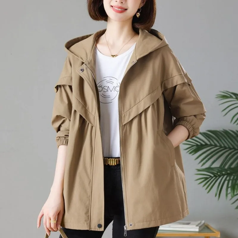 

Women Spring and Autumn Fashion New Hooded Windbreaker Solid Color Zipper Pockets Splicing Lax Leisure Versatile Mid-length Coat