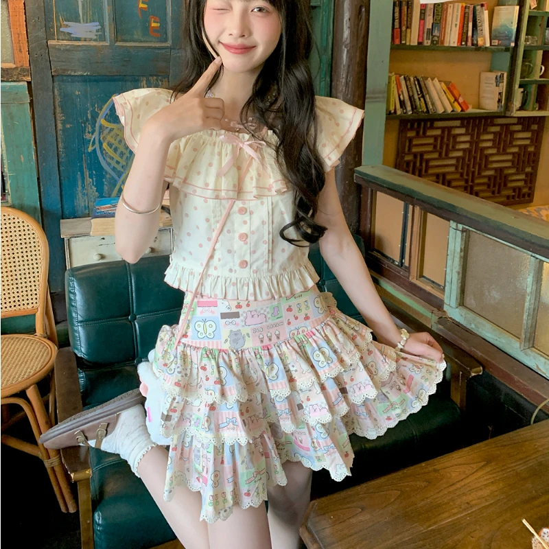 

Japanese Kawaii Lolita Style 2 Piece Set Women Sweet Polka Dot Print Blouse Y2k Mini Cake Skirts Female Fashion Korean Cute Suit