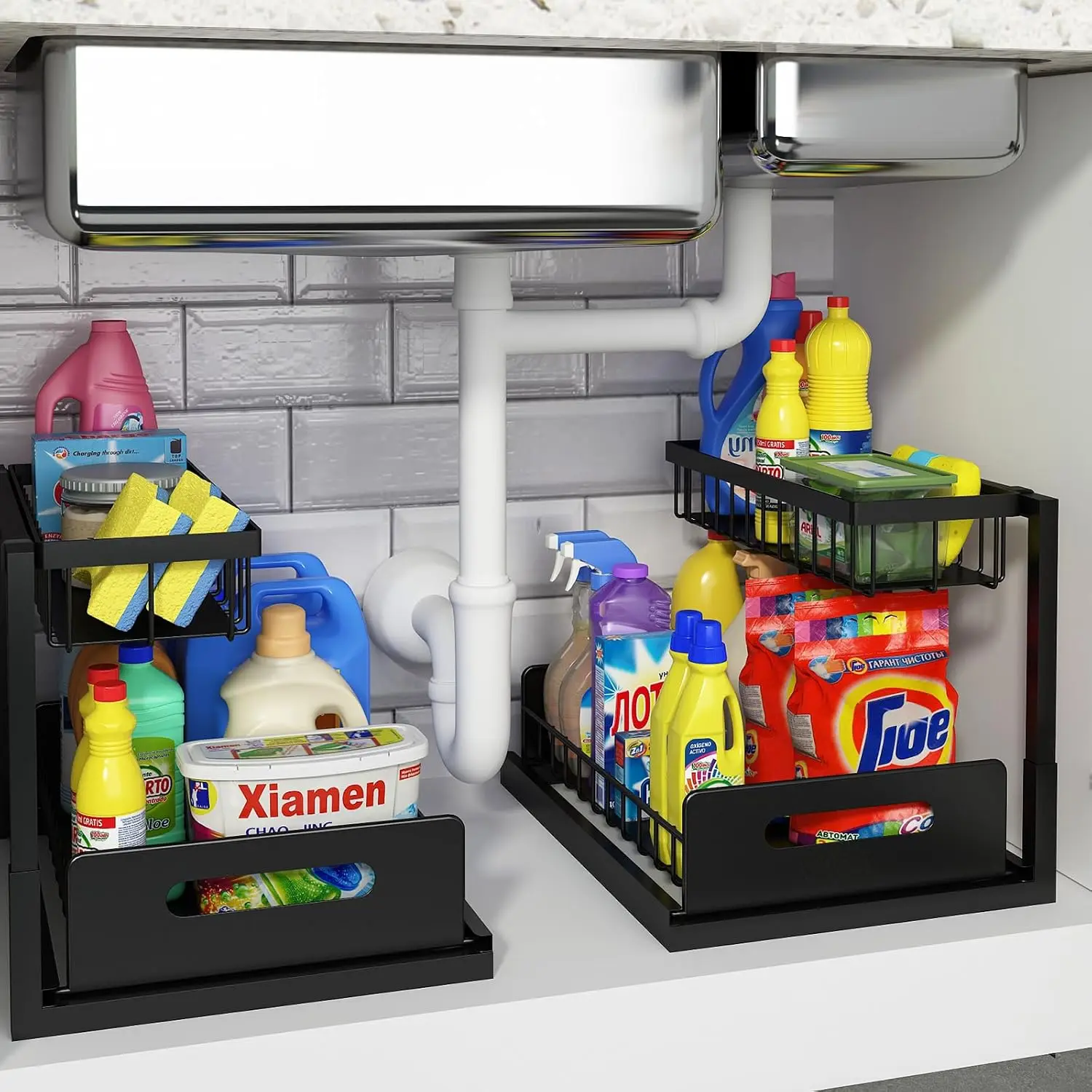 

Выдвижной органайзер под раковину, выдвижная полка для хранения для кухни и ванной, черный, 2 шт.