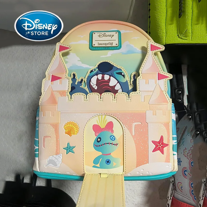 Disney Lilo & Stitch Sandcastle Beach Surprise Mini Women Backpack Scrump And Stitch PU Leather Zipper Double Shoulder Knapsack