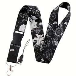 Mobile Phone Lanyard Fashion Black Sunflower Lily Neck Strap Keychain Lanyard for ID Card Holder Keys Keychain Cell Phone Strap