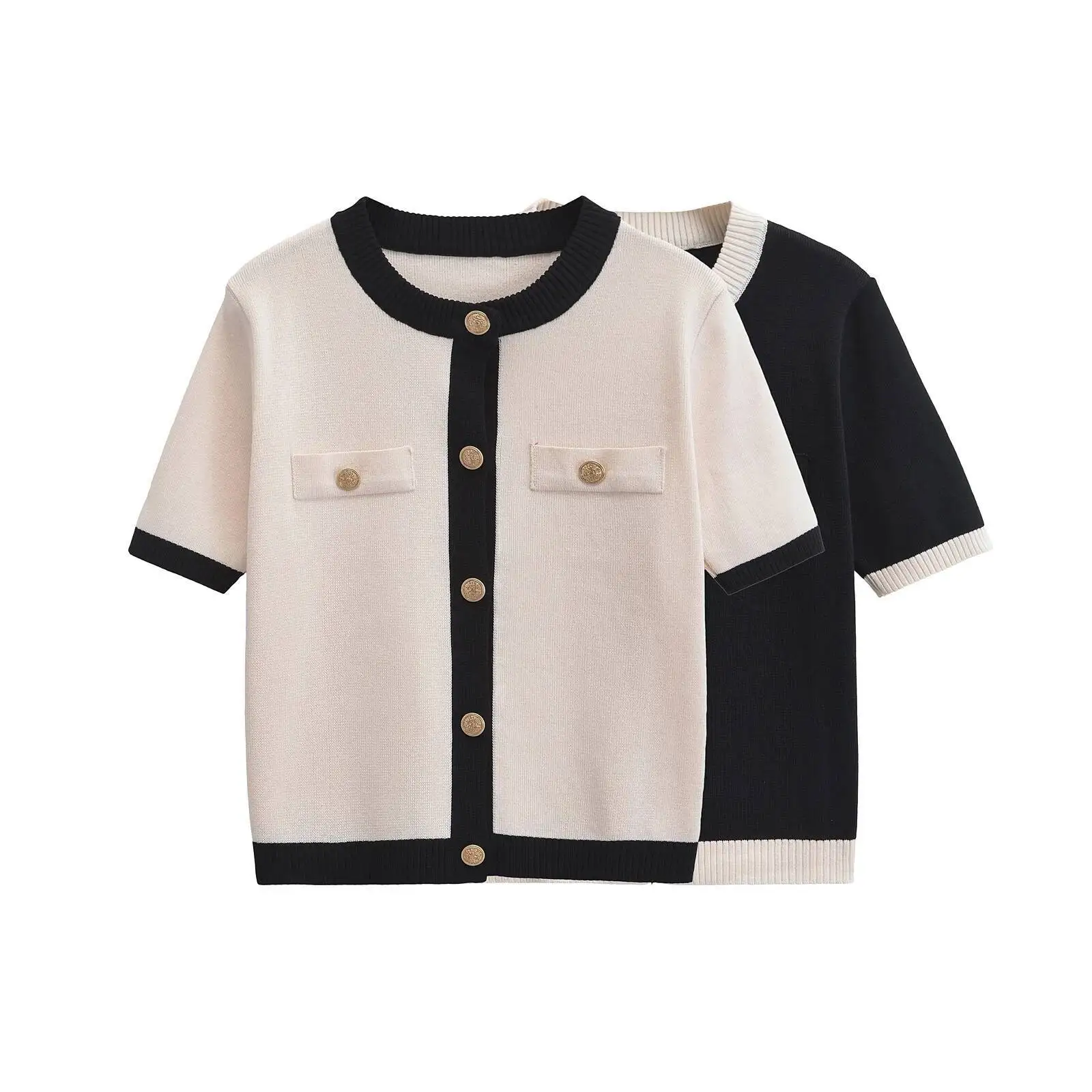 

Women Summer Women's Knitted Jacket New Casual Fashion Classic Round Neck Single-Breasted Short-Sleeved Sweater Coat Tops