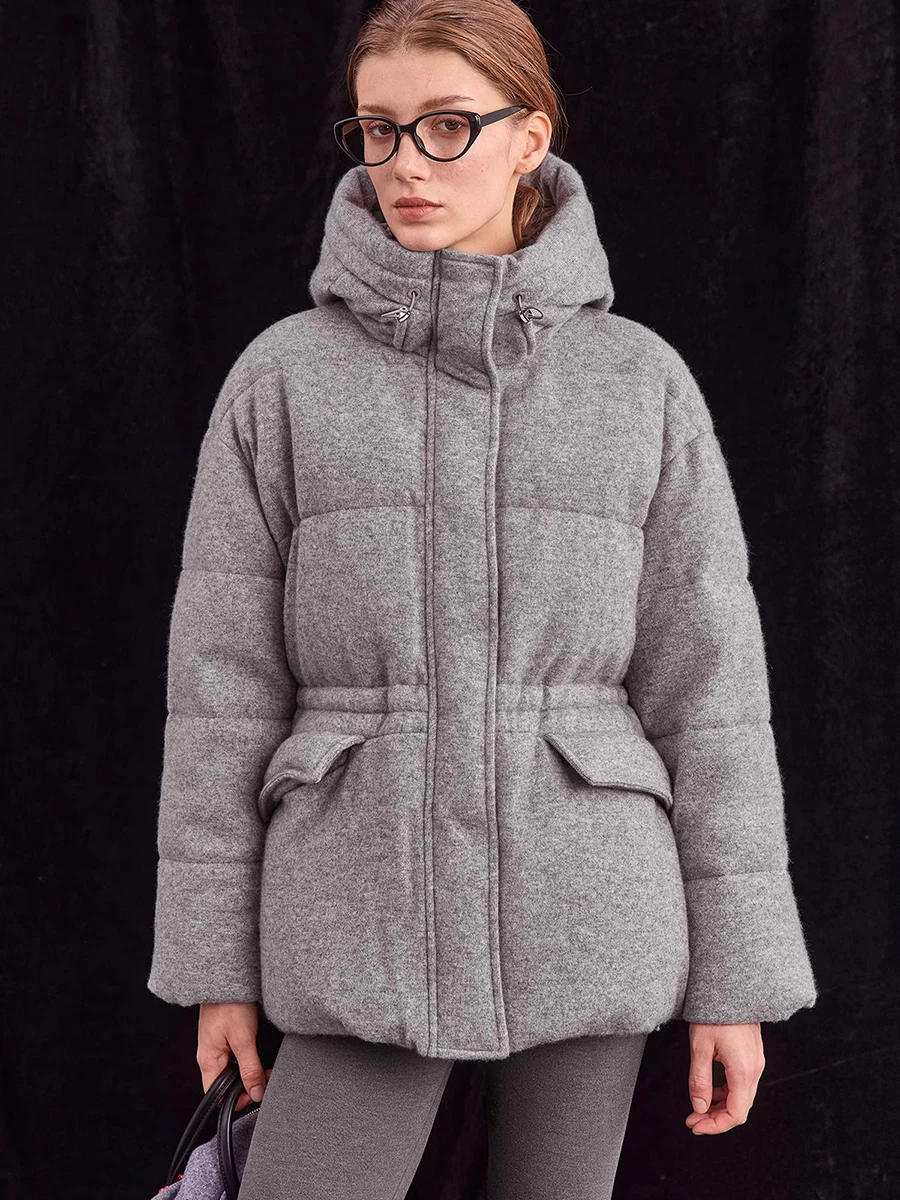 سترة صوفية بغطاء للرأس وخصر للتنحيف وجيب كبير من أوزة أسفل معطف طويل للنساء