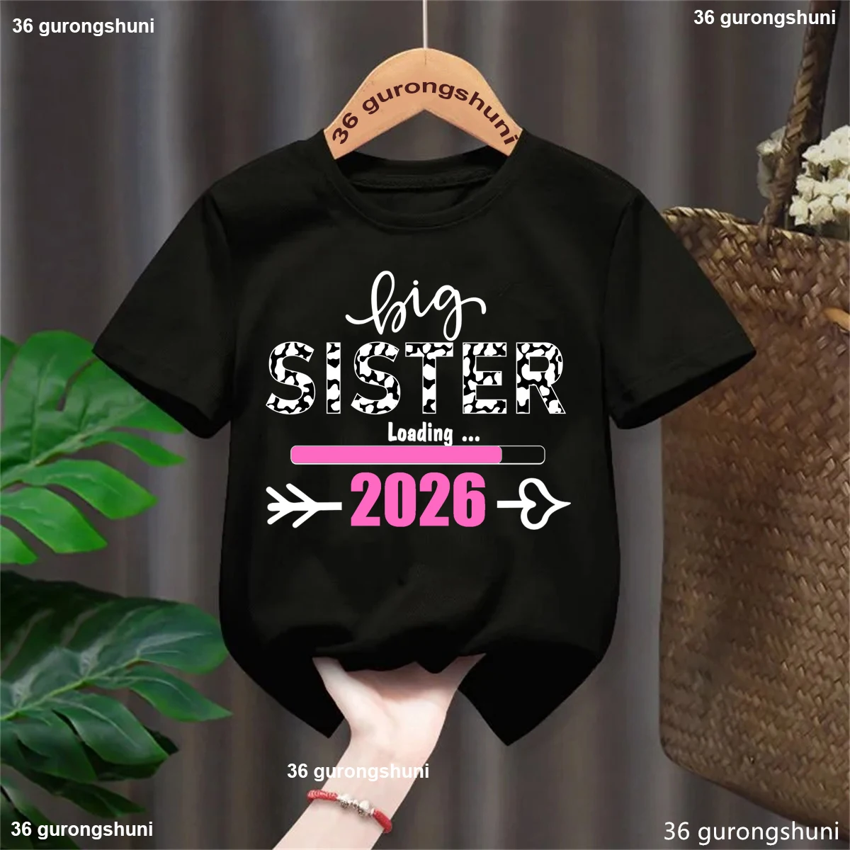 

Cow Big Sister Loading 2026 Arrow Heart Printed T Shirt Girls Pregnancy Announcement Shirt Kawaii Kids Clothes Solid T-Shirt