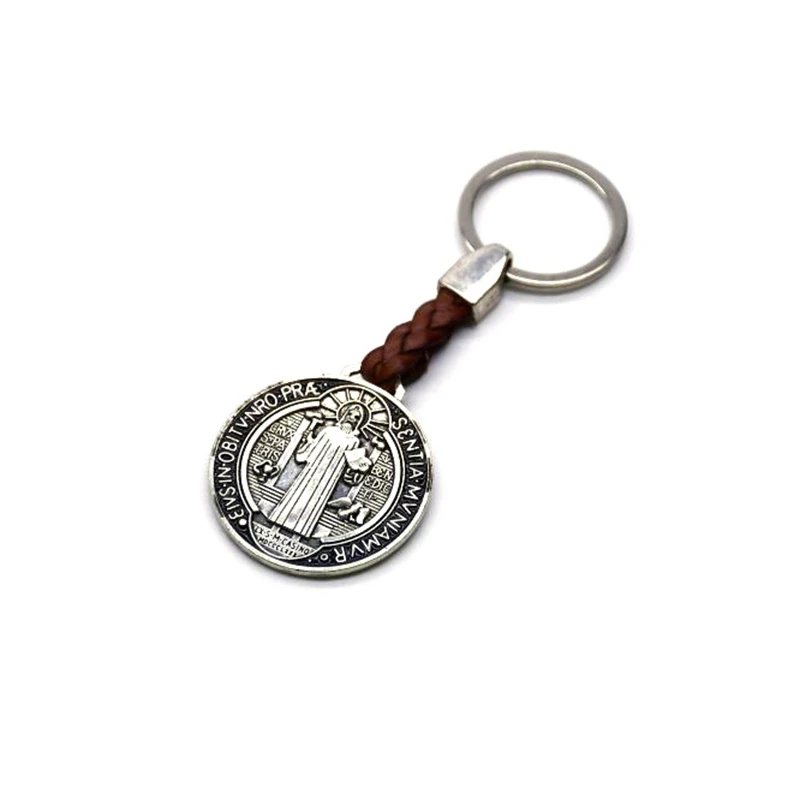 Vintage Saint Benedict PU Leather Keychain, Religious Gift