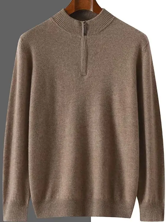

Autumn Winter Zipper Men's Mock Neck Pullover 100% Cashmere Knitted Sweater Casual Chic Clothing Soft High Quality Solid Tops