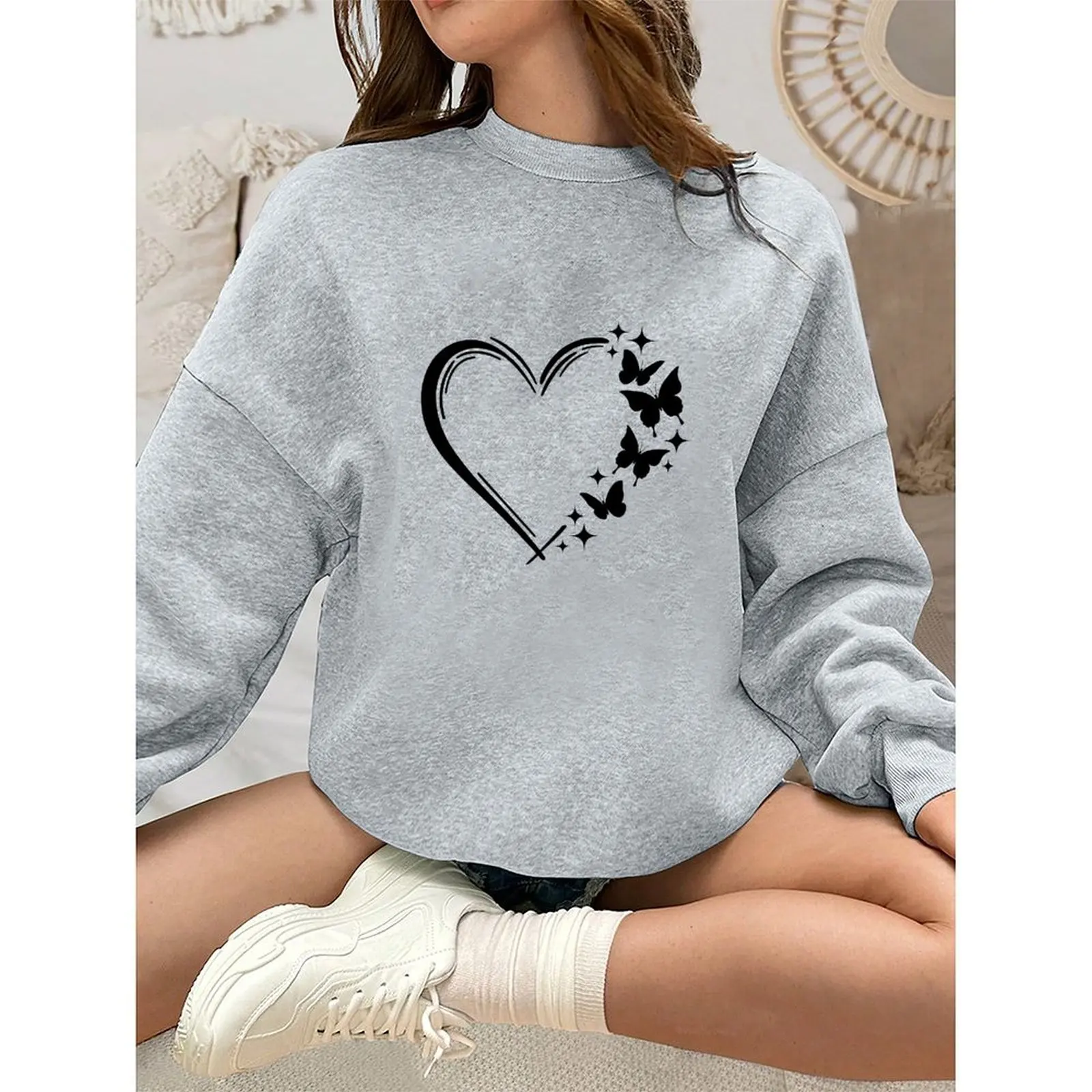 

Women's Sweater Round Neck Sweatshirts Velvet Winter Casual Printed Long-sleeved Pullovers Autumn Woman Clothes 2025