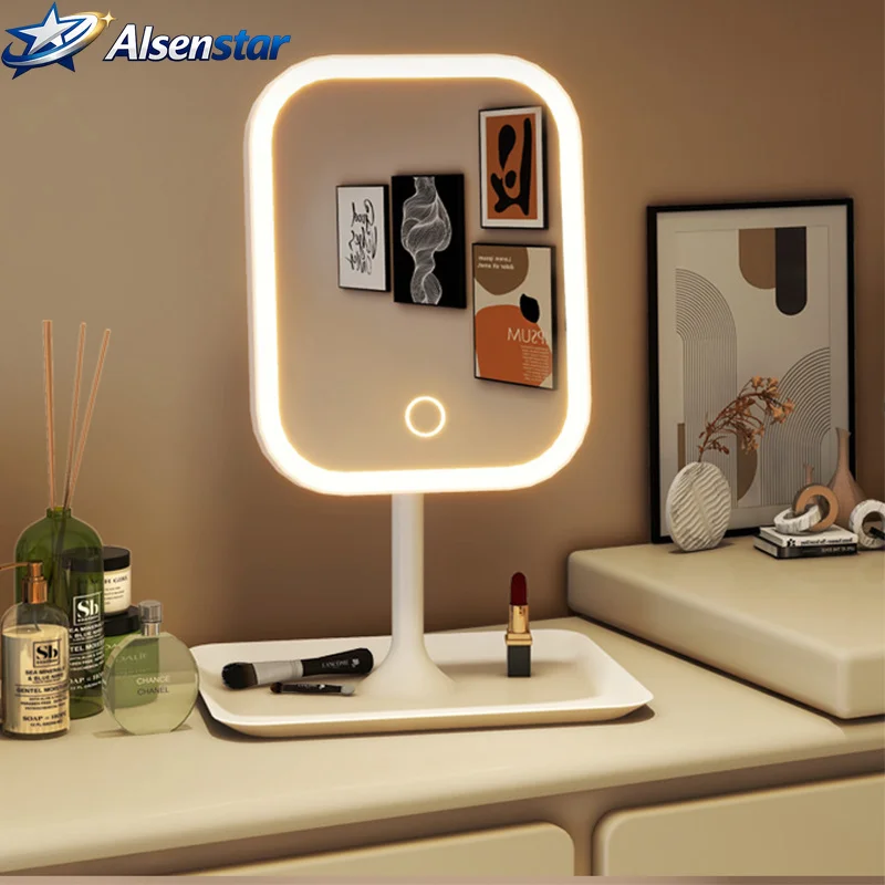 Touch mirror, ladies' bedroom vanity mirror, modern desktop vanity mirror, 3-color LED minimalist vanity mirror