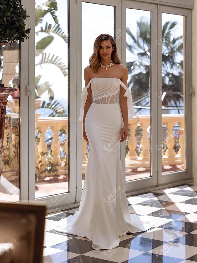 Einfache Satin-Brautkleider, elegante Brautkleider, schulterfrei, Roben, U-Boot-Ausschnitt, Tüll, abgestuft, maßgeschneidert, Vestidos de Novia