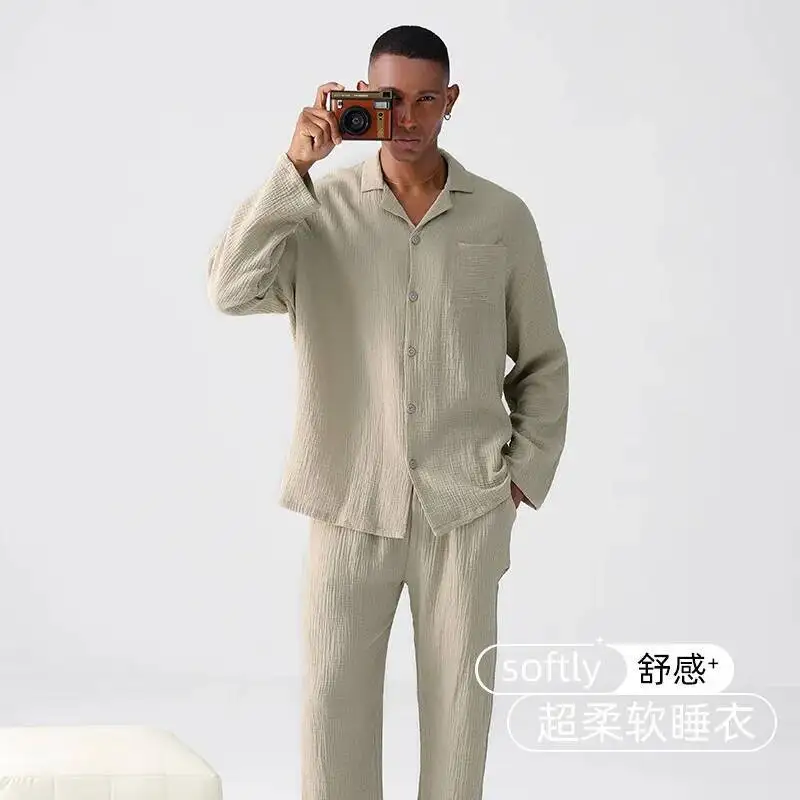 

Men's Cotton Pajamas Set Spring Autumn Woven Gauze Long Sleeve Thin Set Winter Comfortable Loungewear