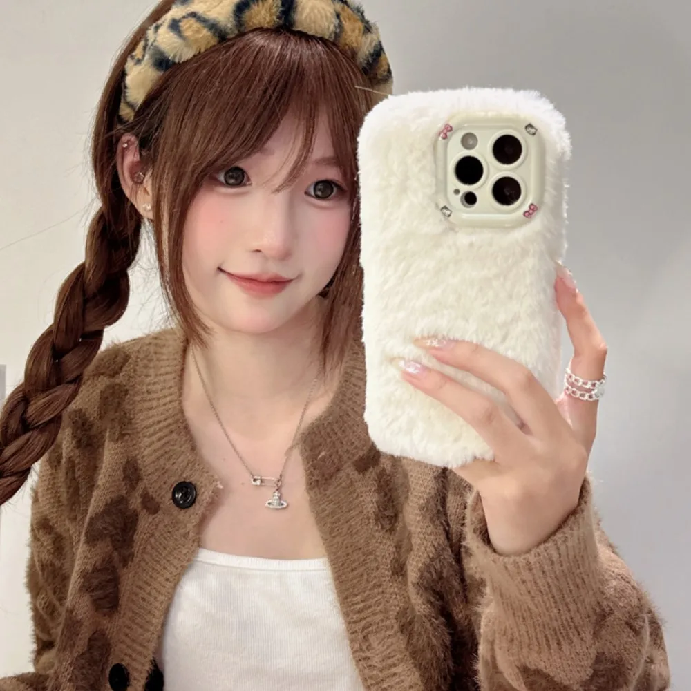 For iPhone 11 12 13 14 15 16 Pro Max Plus Plush Embroidered Leopard Print Phone Case Cartoon Hole Lens Holder Protection Case