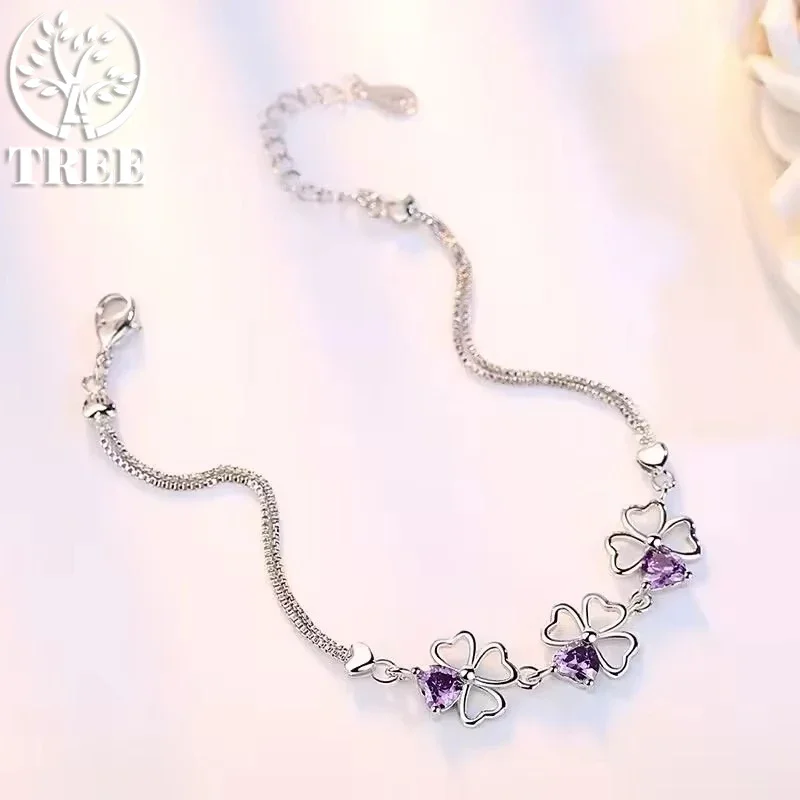 ALITREE 925 Sterling Silver Purple Crystal Lucky Clover Bracelets for Women Fashion Luxury Designer Party Wedding Jewelry Gifts