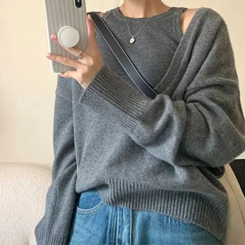 Loose Fit Knitted Jumper Deep O-Neck Wool Blend Sweater Solid Color Gray Knitwear Pullovers Tops Autumn/Winter Woman Clothing