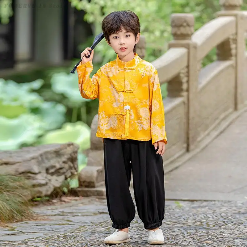 

Boys Kids Chinese Tang Suit Children Long Sleeved Shirt Pants Set Traditional Oriental New Chinese Style Outfit Kung Fu Costume