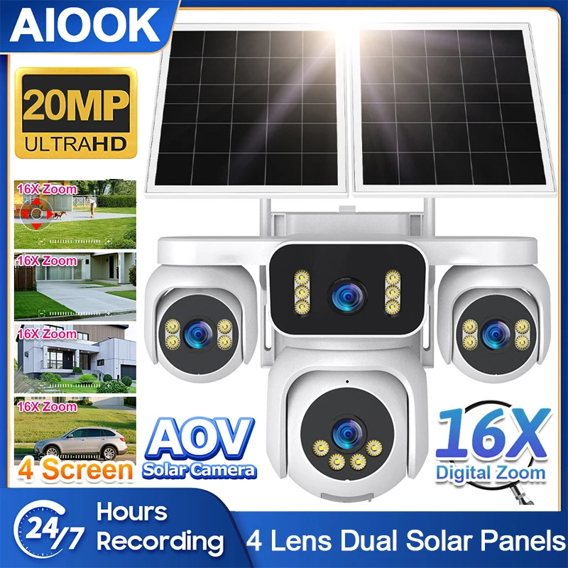 

AIOOK 15W Dual Solar Panel Outdoor Camera with 4 Lens HD 20MP ESIM 4G Camera IP66 Waterproof Color Night Vision CCTV Hieasy APP