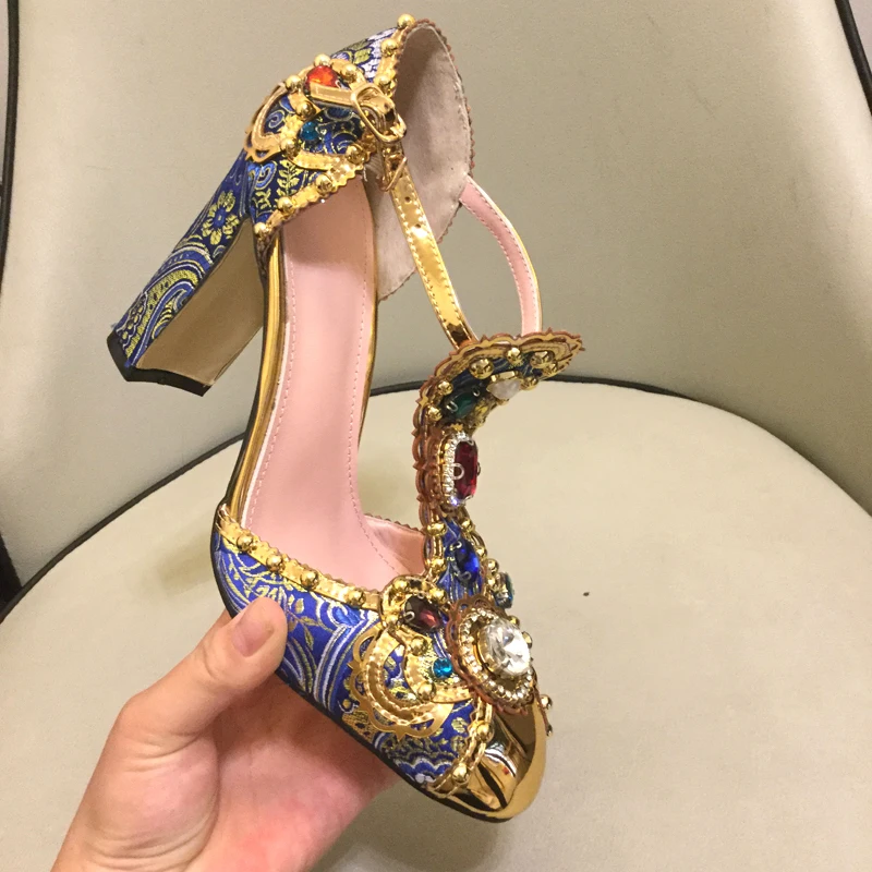 Rhinestone Gem Pearl Embellished Print Flower Embroidery T-belt Sandals Women's Mary jane Pumps Block Heel Gold Toe Shoes