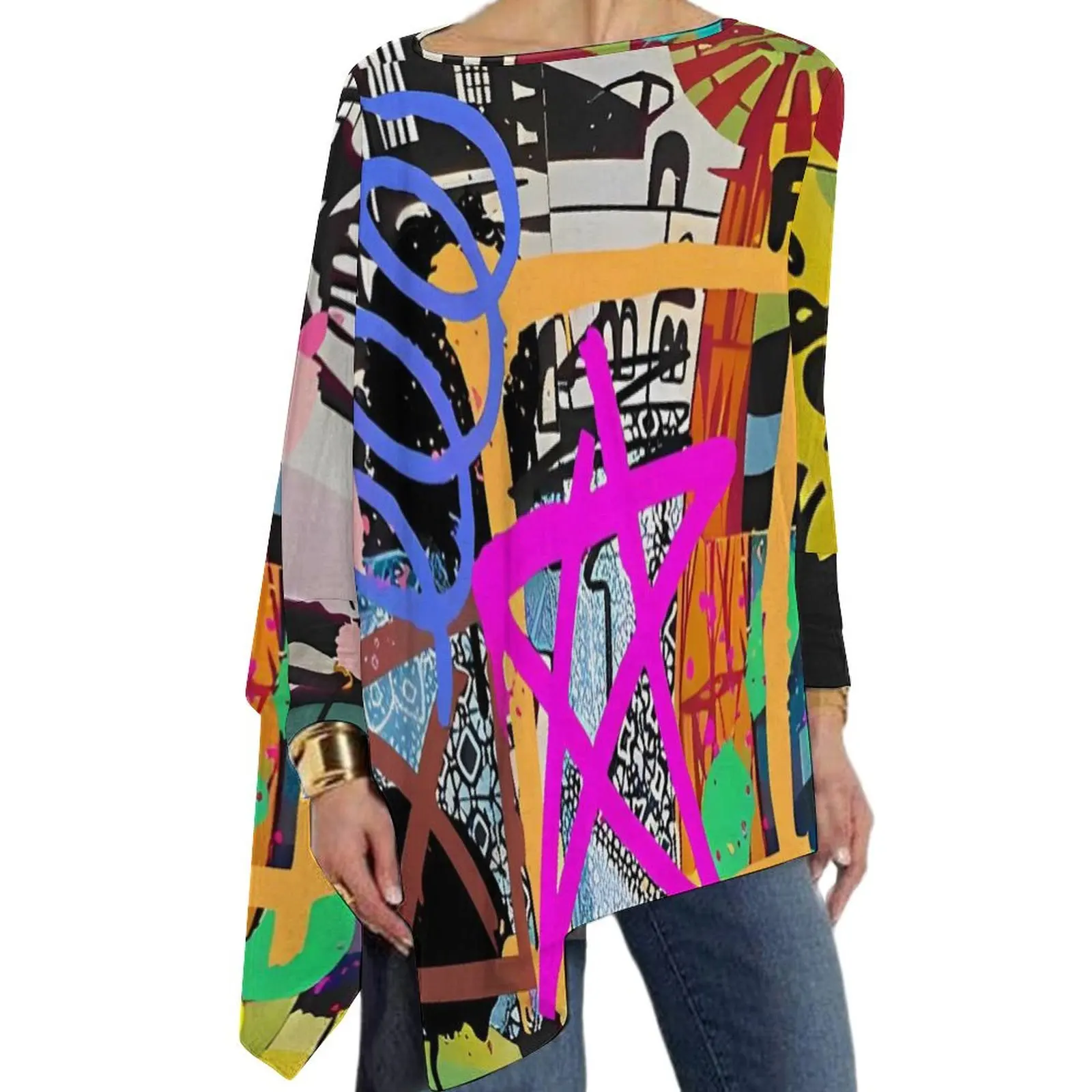 Freedom Graffiti T Shirts Star Print Korean Fashion Long Sleeve T-Shirt Trendy Pattern Tees Female Tops Big Size 4XL 5XL