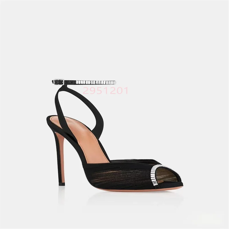 Crystal V Pointed Toe Women White Lace Mesh Sandals Slim High-Heeled Sandals  De Mujer Verano view 2