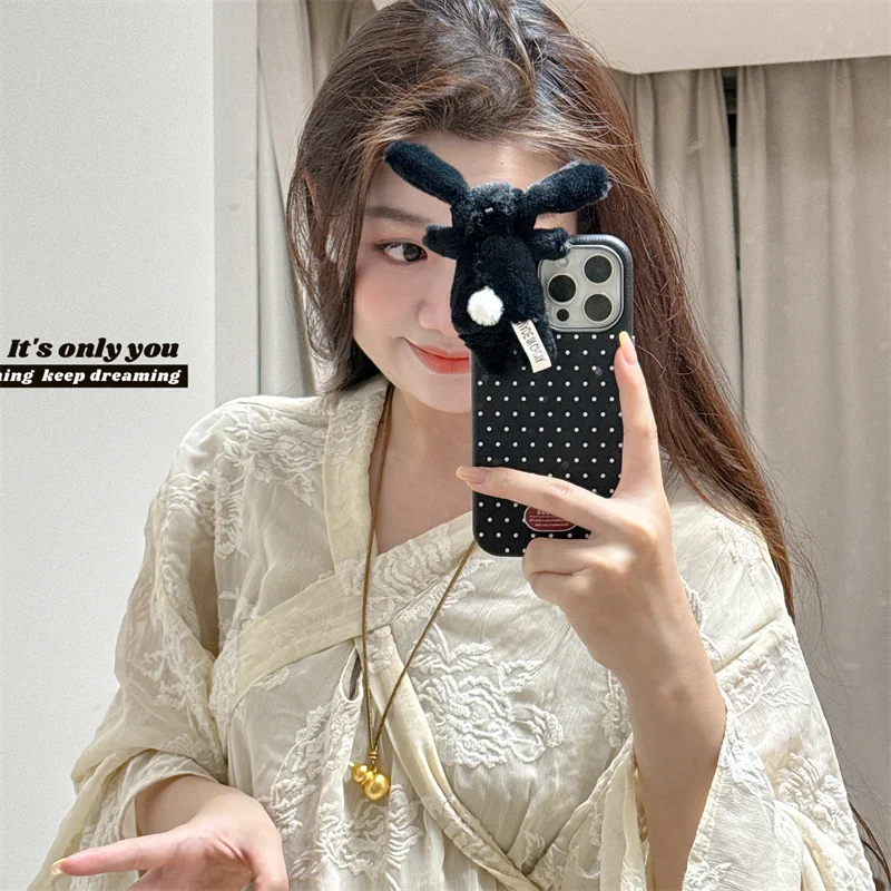 Cute plush 3D Rabbit Polka Dot phone case for iPhone 13Pro 14 15pro 16promax shell Cartoon woman Kawaii leather print full cover