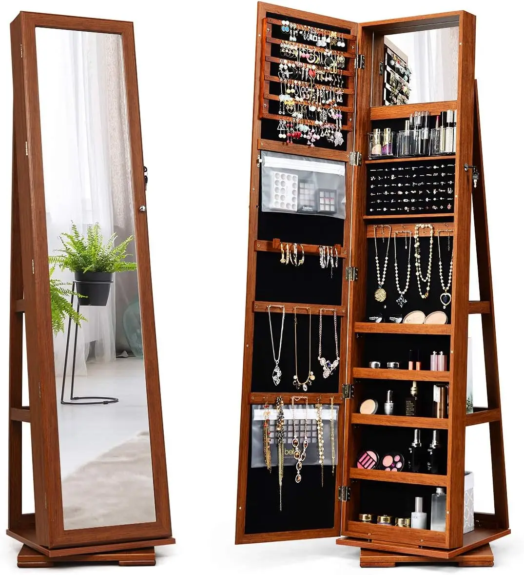 360 Swivel Jewelry Armoire with Higher Full Length Mirror,Large Storage Capacity, Inside Makeup Mirror, Back Storage Shelves (Walnut)