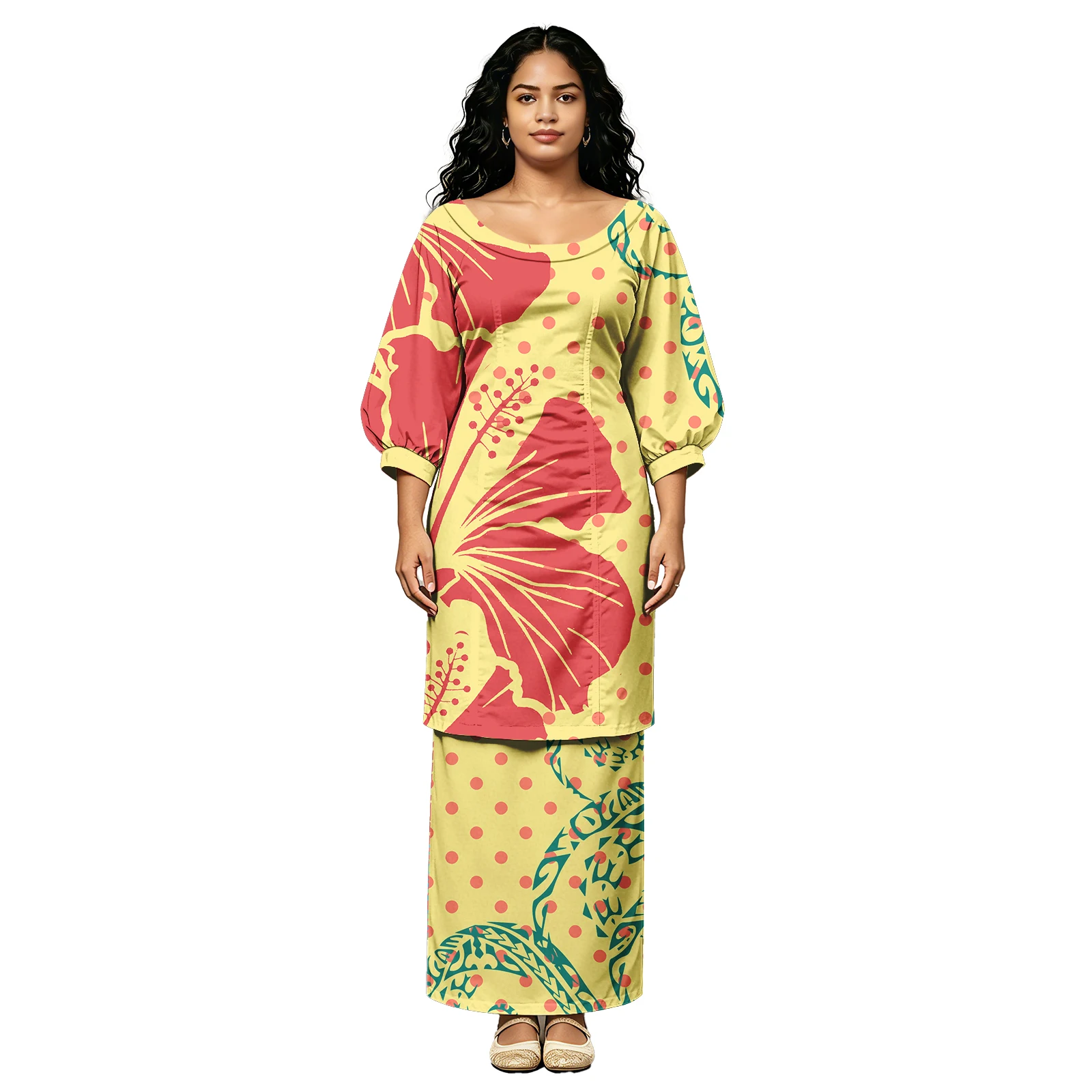 High Quality Custom Hibiscus Crew Neck Island Church Clothes Samoan Puletasi for Women Polynesian Tribal Design Ladies Puletasi