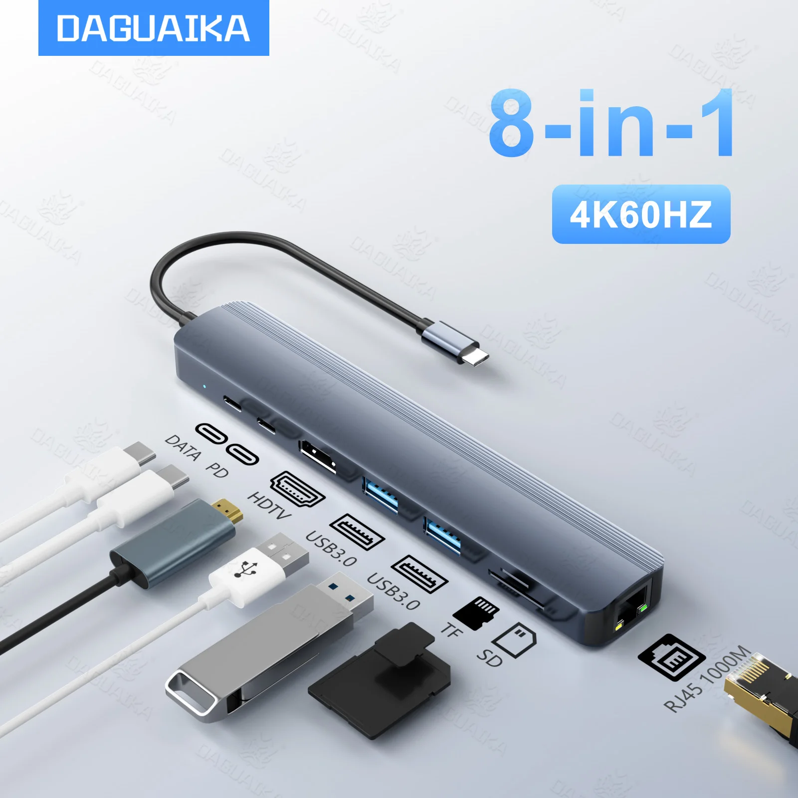 

8 в 1 USB C-концентратор 4K60 Гц 1000M Ethernet PD100W Слоты для карт SD/TF Порты данных USB 3.0*3 5 Гбит/с для MacBook