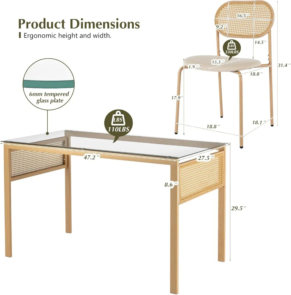 보호 식탁 의자 세트, 강화 유리 탁상, 등나무 장식, 덮개를 씌운 지팡이 식탁 의자, 4 개 세트