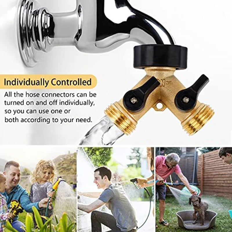 Distribuidor de manguera de 2 vías, Conector de latón resistente, divisor de grifo Y, 2 válvulas con 2 arandelas de goma adicionales