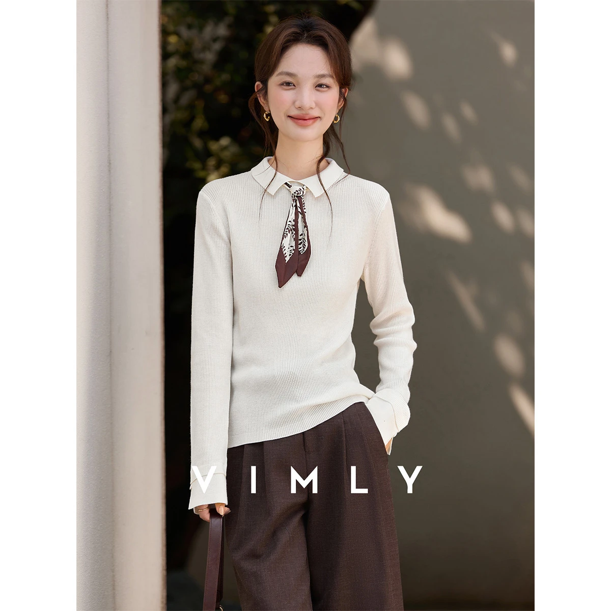 

VIMLY Apricot Pullover Women's 2025 Autumn Turn-Down Collar Long Sleeve Slim Fit Panel Cuff Slit Sweaters Comfort Jumpers 75280