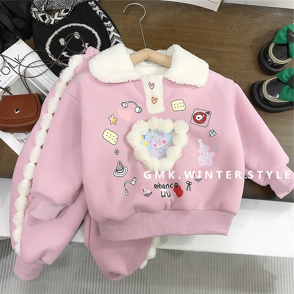 Sweatshirt bulu anak perempuan, pakaian setelan bayi perempuan celana Jogger tebal pullover kerah Turn Down cetak cinta musim dingin