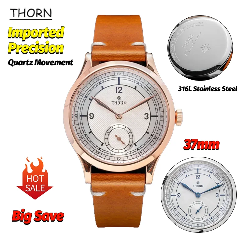 ثورن T001 37 مللي متر الأبيض موضة كوارتز ساعات المعصم الياقوت مقاوم للماء المشوي 316L الفولاذ المقاوم للصدأ الفاخرة رجال الأعمال ساعة #1