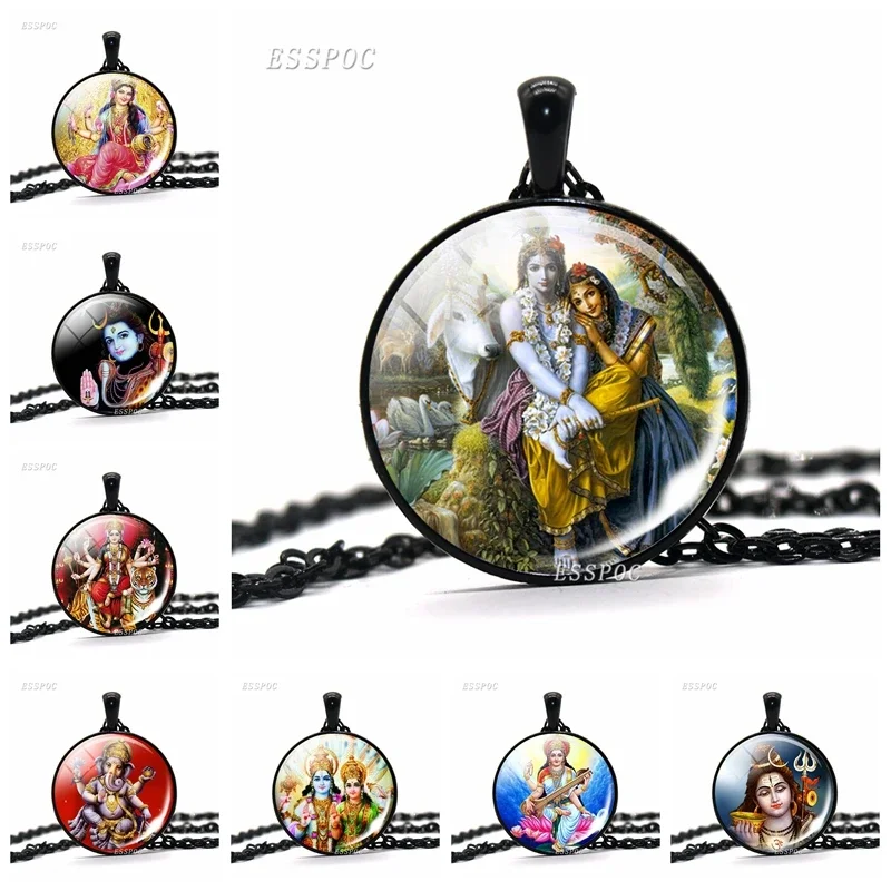 Shiva Statue Glass Dome Pendant Necklace Krishna and Radha Black Chain Necklaces Fashion Yoga Religious Jewelry for Men Women