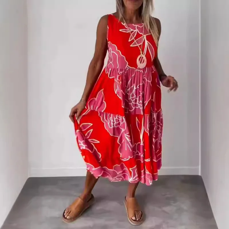 Women Floral Print Sleeveless A-line Dresses Summer O Neck Elegant Pleat Long Boho Dress Loose Beach Casual