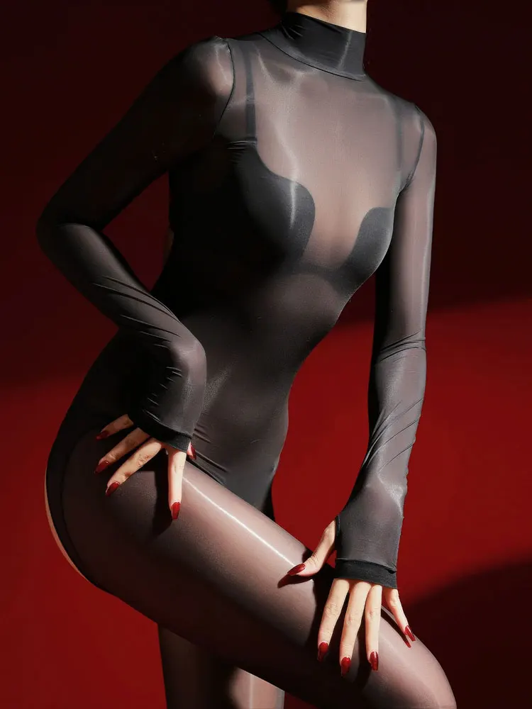 

Smooth Soft Open Crotch Jumpsuit High Neck Sexy Shiny Glossy Sheer Elastic Bodysuit Allure Shaping Tights Backless Unitard Women