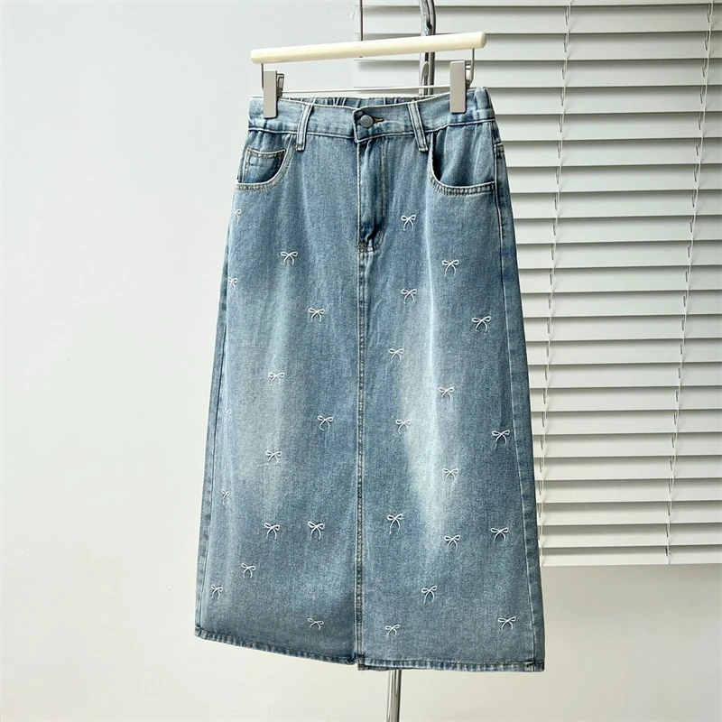 

2026 Summer New Korean Version Embroidered Bow Women's Denim Skirt Loose Thin Female Casual Fashion Slit Skirt Trend