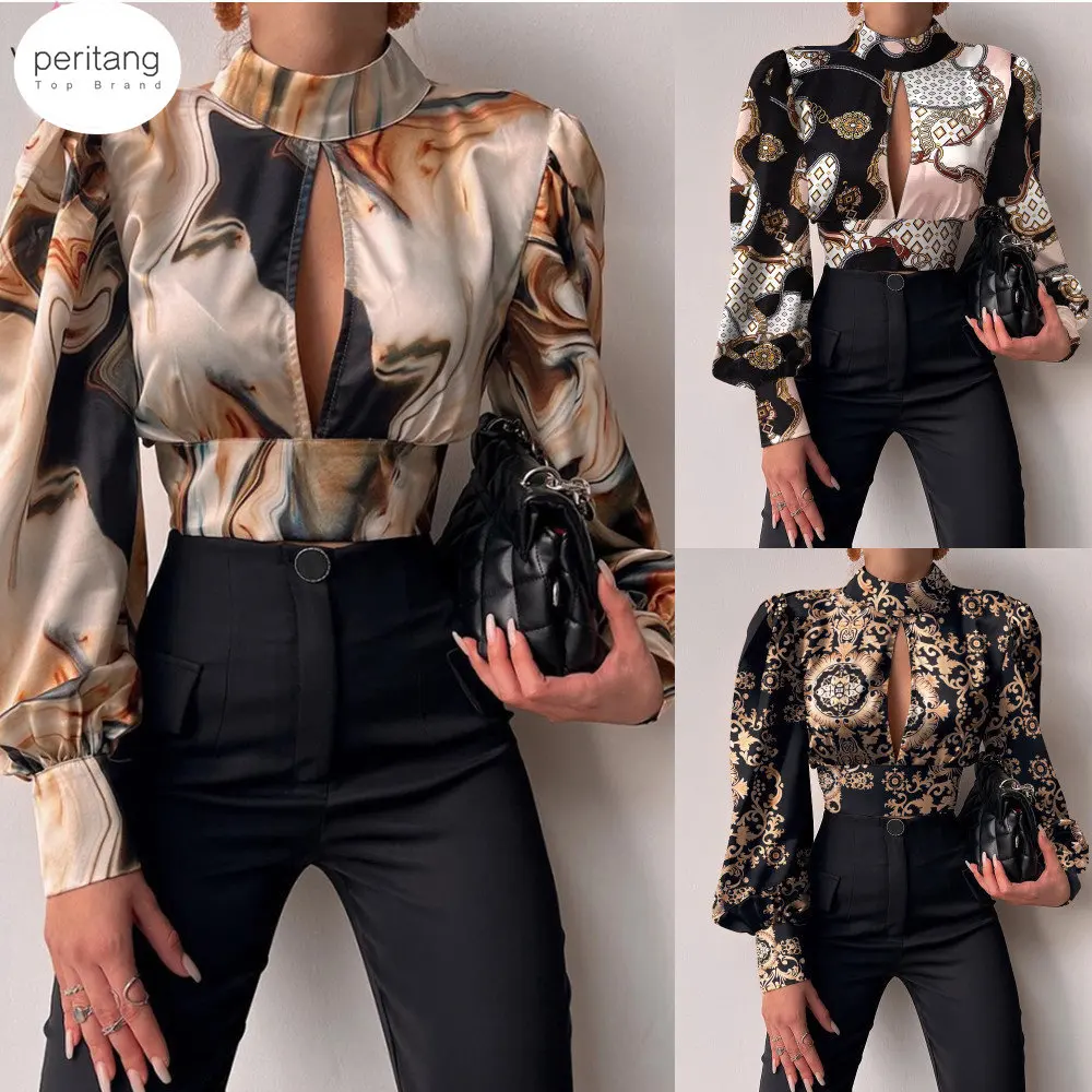 Women Sexy Backless Hollow Print Shirts Fashion Party Crop Top 2024 Spring Casual Stand Long Sleeve Office Lady Blouses And Top