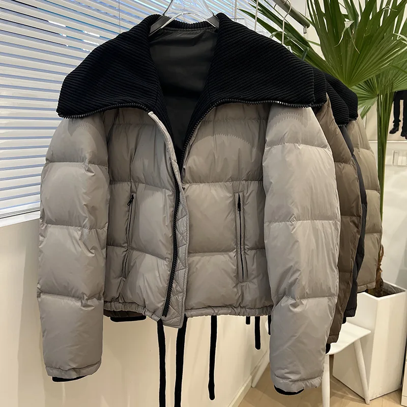 Chaqueta corta de punto con solapa para mujer, abrigo holgado de plumón de pato blanco, Parka de invierno, nueva versión coreana, 2023