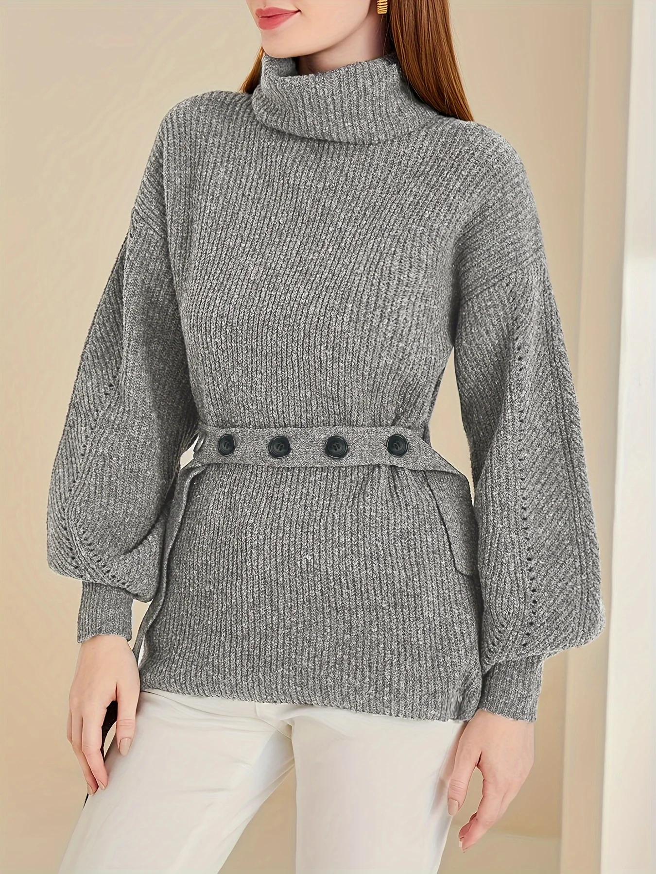 

Women's Turtleneck Knitted Sweater Autumn and Winter Warm Fashion Versatile Long-Sleeved Top Including Belt